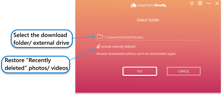 Select destination folder on PC or external hard drive in CopyTrans Cloudly