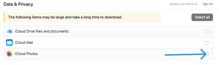 Select data from the download list in Apple Privacy