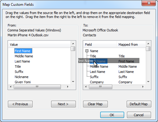 Outlook imported contacts from iPhone