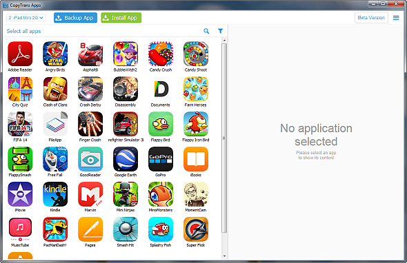 ipad apps appear in main copytrans window