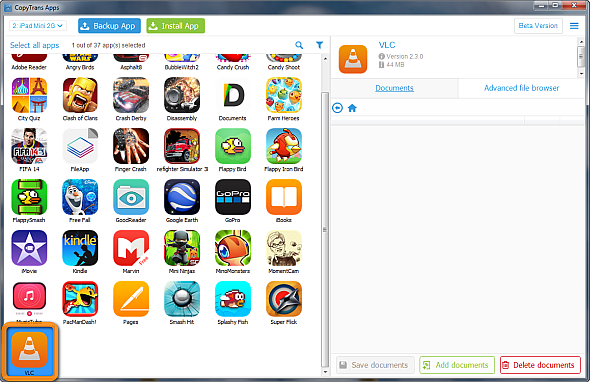 vlc application selected within main copytrans window