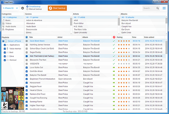 copytrans main window with iphone songs and playlist listed