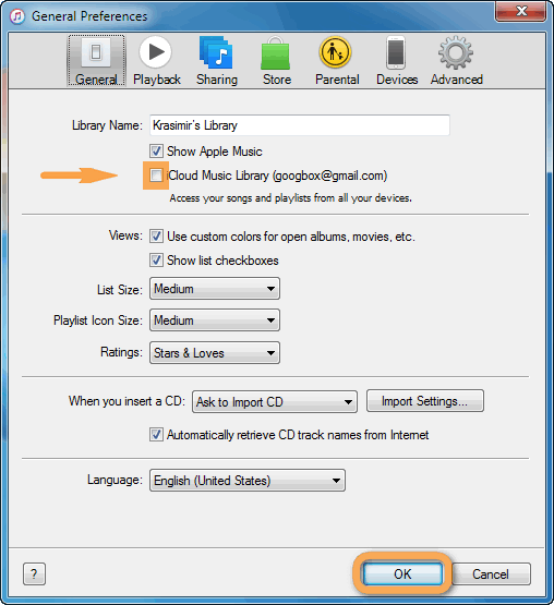 itunes preferences window with icloud music library option in view