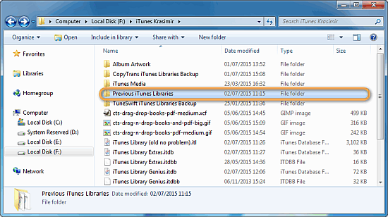 windows explorer window showing folder previous itunes library