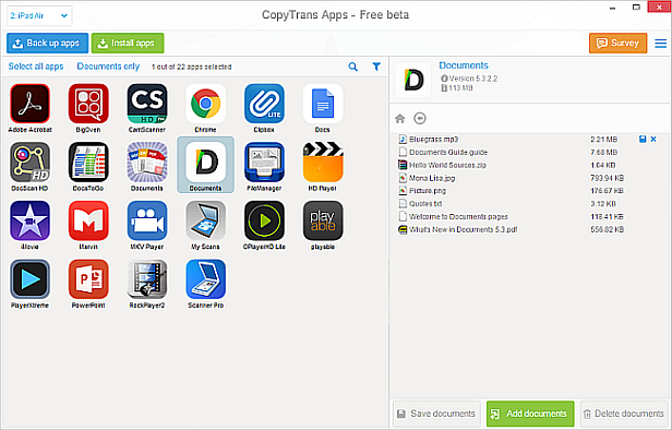 main copytrans apps window showing app documents