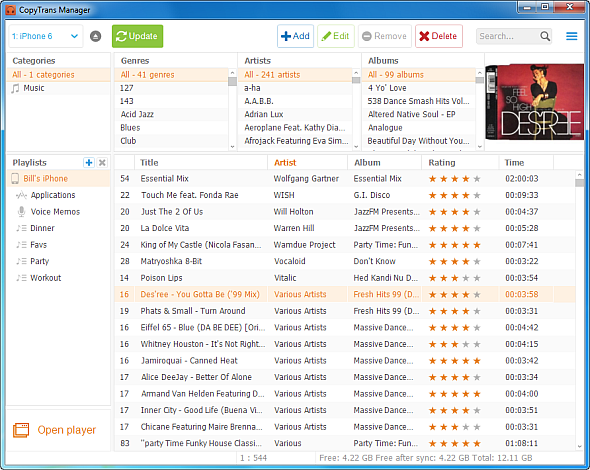 copytrans manager main window with iphone songs listed
