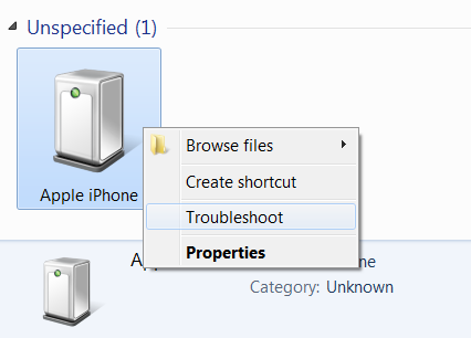 Right-click on Apple iPhone and choose Troubleshoot