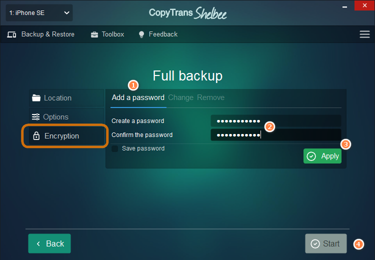 iOS backup password in CopyTrans Shelbee