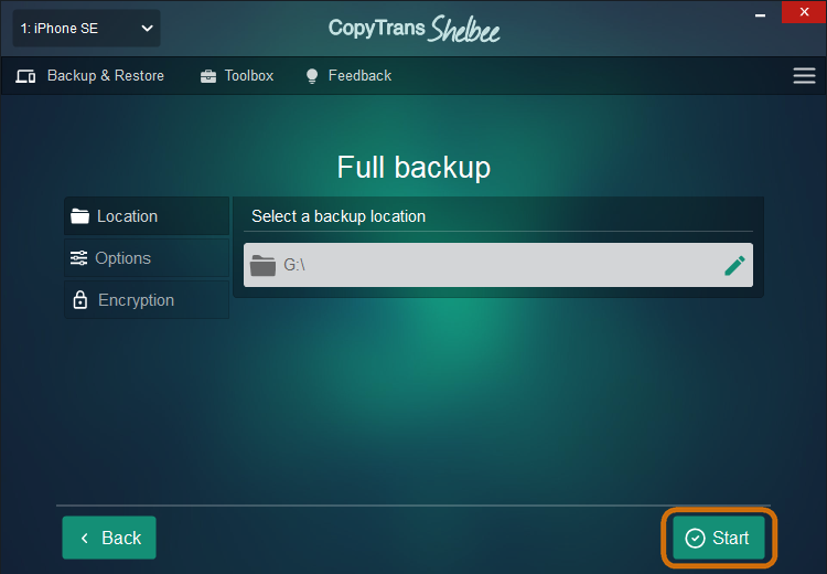 Choose and confirm the destination folder for your backup