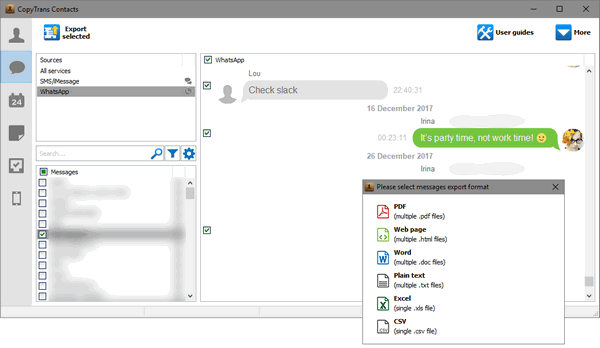 CopyTrans Contacts export WhatsApp