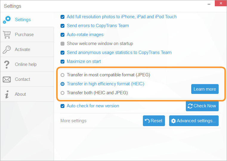 Choose to transfer HEIC or JPEG to PC or even both