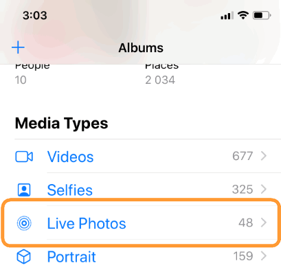 Live Photos folder on iPhone running iOS 12