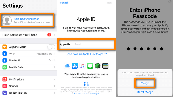 sign in to icloud to merge contacts
