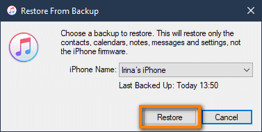 Restore iPhone with iTunes select backup