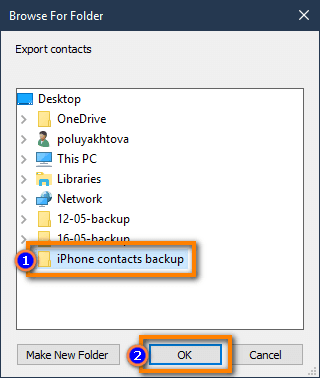 Transfer iPhone contacts to selected folder on PC