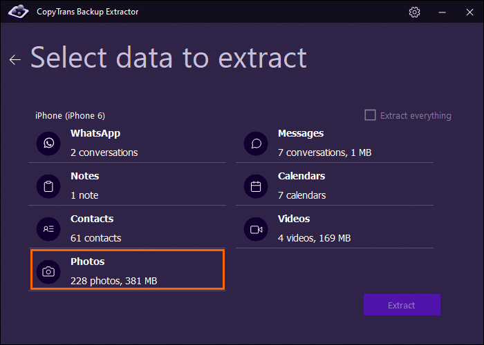 Select data to extract from the backup