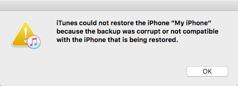 iPhone backup corrupt error message