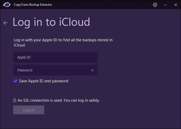 Log in to iCloud in CopyTrans Backup Extractor