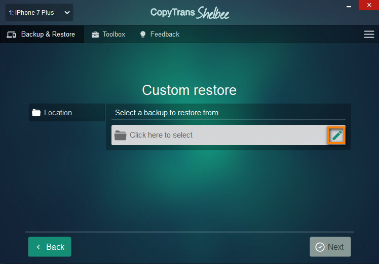 select backup to restore to custom restore
