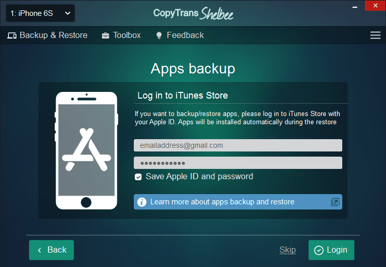 Backup iPhone apps: App Store login screen