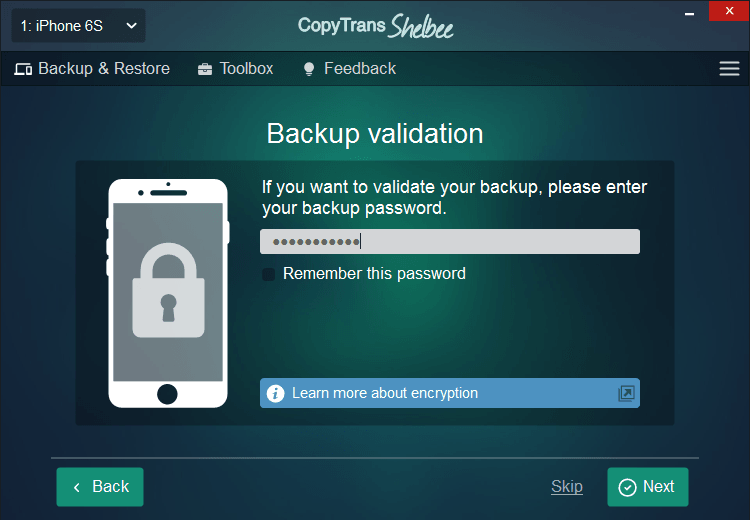 CopyTrans Shelbee asks for a password