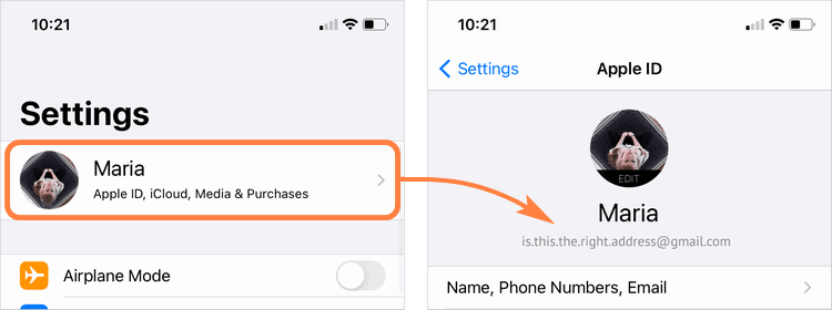 Photos not syncing to iCloud: check email address on iPhone