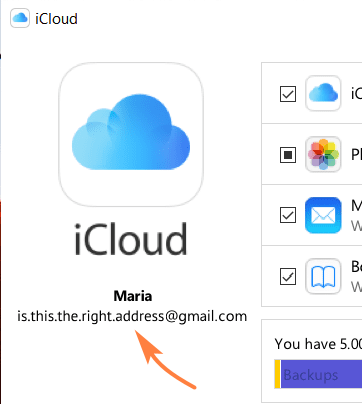 photos not syncing to icloud: check email address in icloud for windows