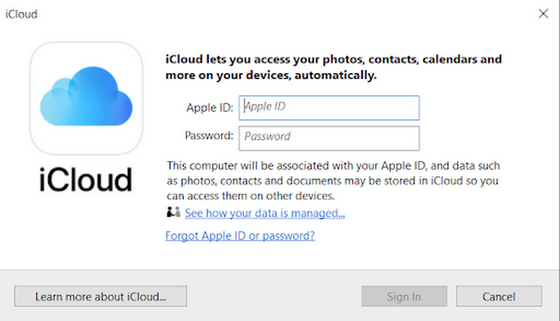 Log in to iCloud for Windows