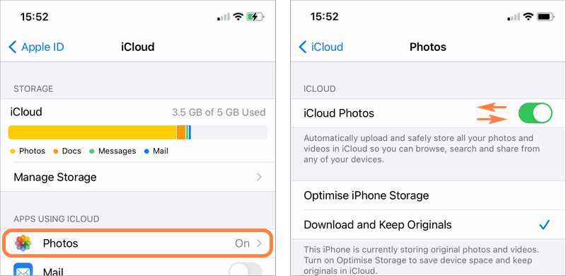 iCloud not uploading photos: reactivate iCloud Photos