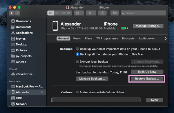 how to restore from Itunes on Mac step 2
