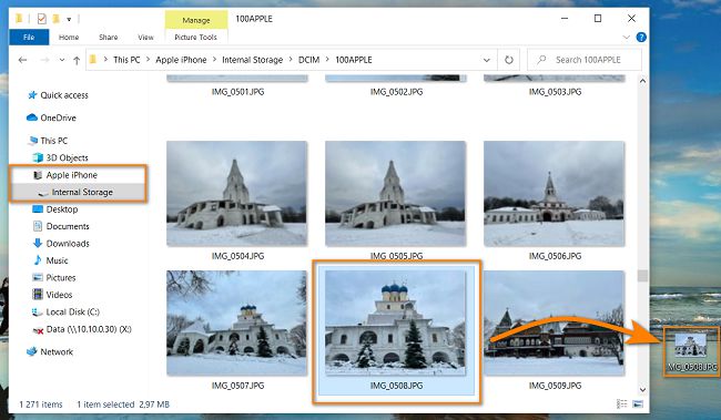 Drag and drop photos to PC using Windows Explorer