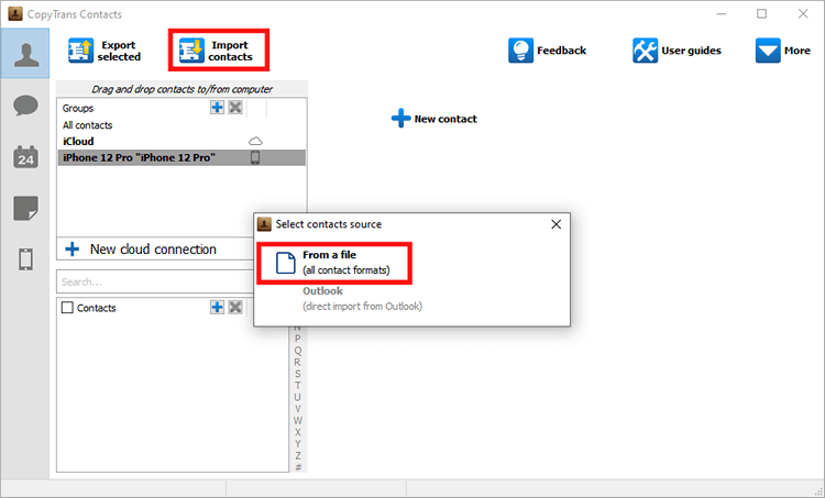 CopyTrans Contacts import function