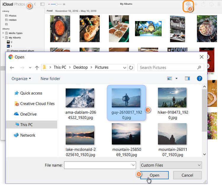 Log in to icloud.com and choose upload photos