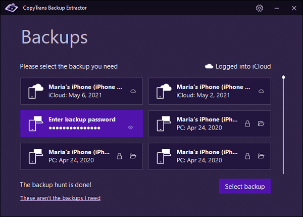 Enter the iPhone backup password in CopyTrans Backup Extractor