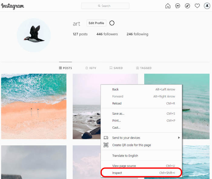 Instagram in web browser inspector winodow