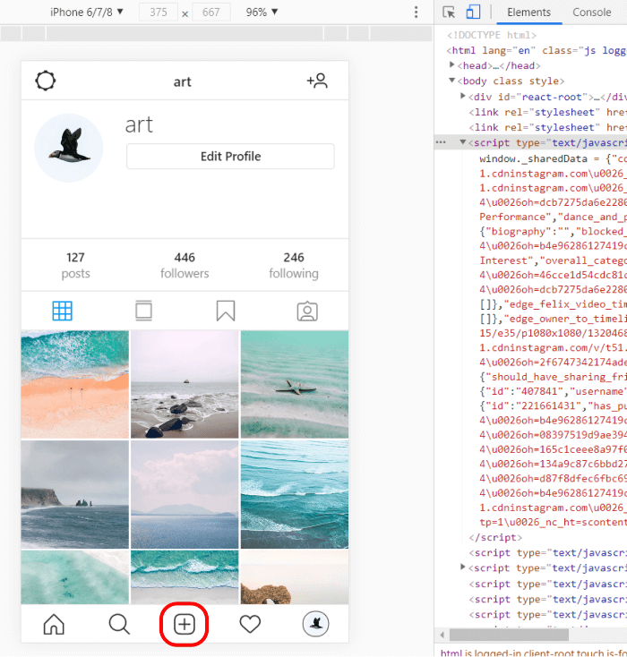 Mobile version of Instagram in a PC browser