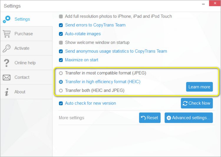 Choose heic format for the transfer