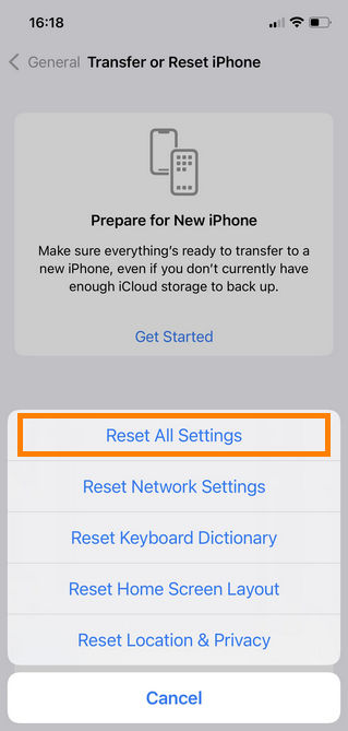 Reset all settings in iOS 11