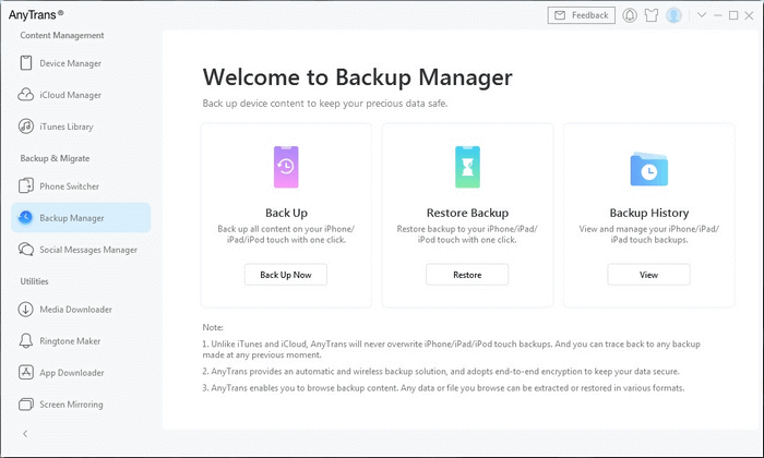 AnyTrans backup recover main screen