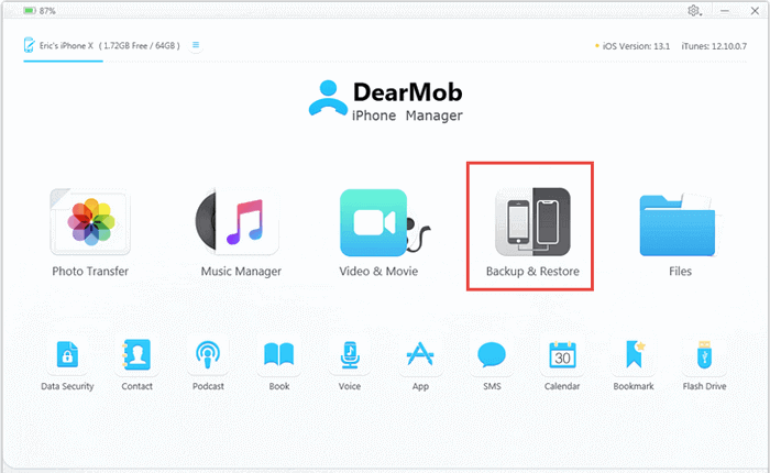 DearMob main screet to backup and restore