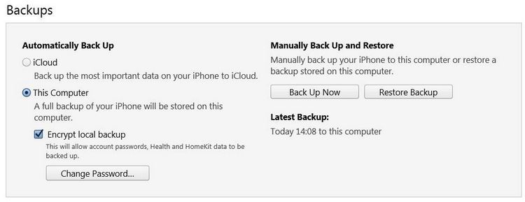 Check the backup settings in iTunes