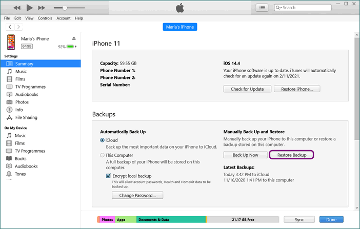 iTunes to recover iPhone data