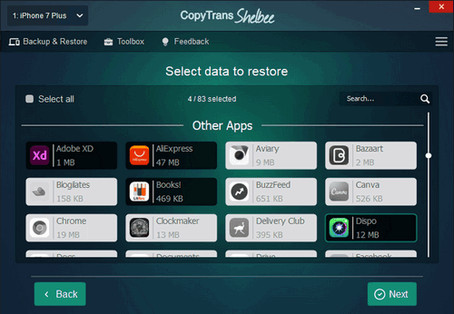 selecting apps to restore cts