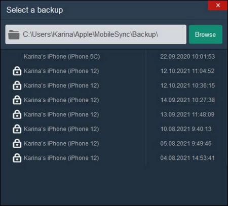 Select iPhone backup to restore from
