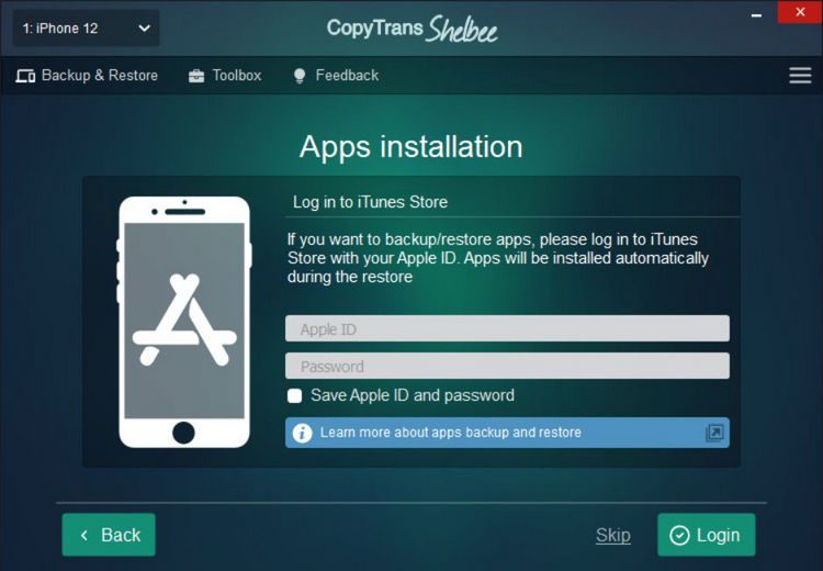 Log in with Aplle ID to backup or restore apps