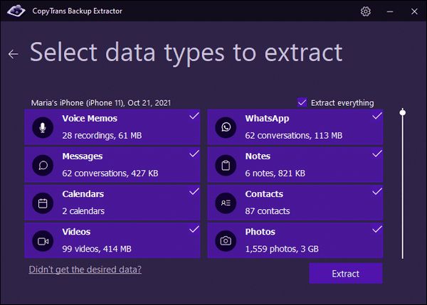 Select data types to extract with CopyTrans Backup Extractor