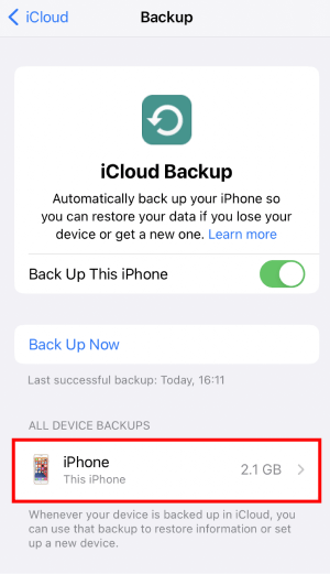 Choose backup to delete iCloud backup