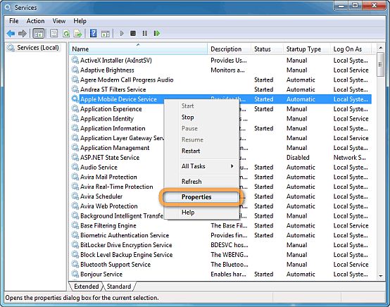 windows services window focused on apple mobile device service