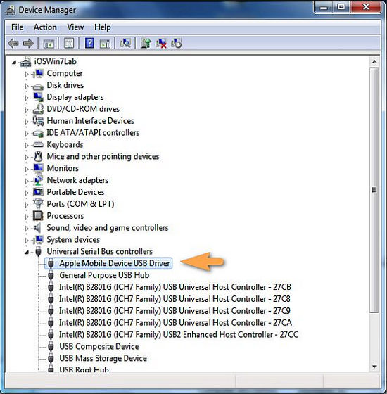 device manager window with apple mobile device USB driver selected