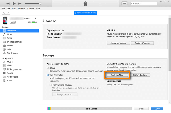 create an iphone backup in itunes